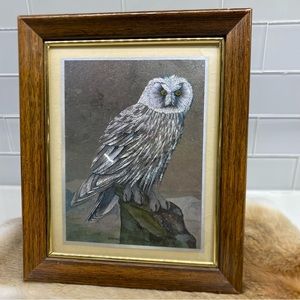 1977 RJ SMITH Signed Snowy OWL Dufex Foil Metallic Print Bird Art Framed